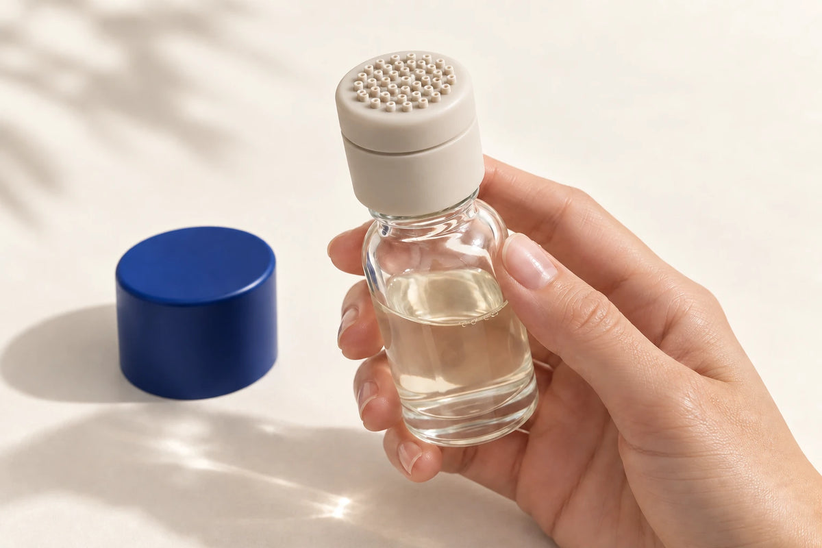 Product visualization of a hand holding a serum bottle with the cream APLD applicator mounted on it.